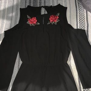 rose embroidered black romper